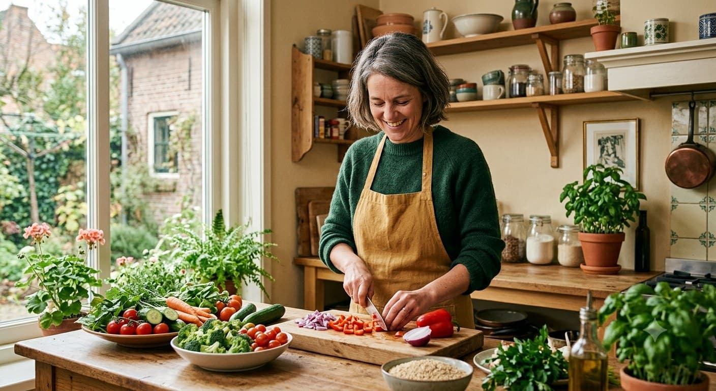 Gezonde maaltijd en een meetlint op een houten tafel